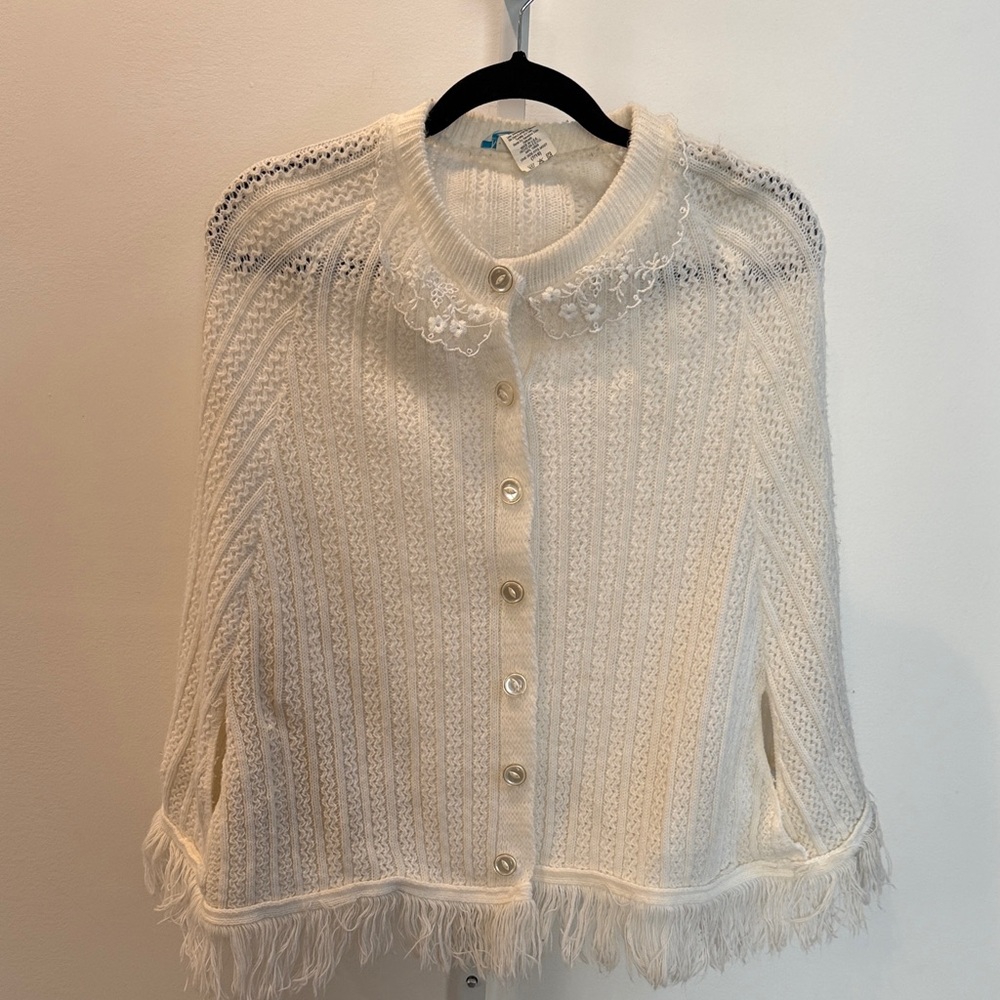 Vintage Merremont Knitwear Cream Button-Down Lace Poncho Women One Size Y2K